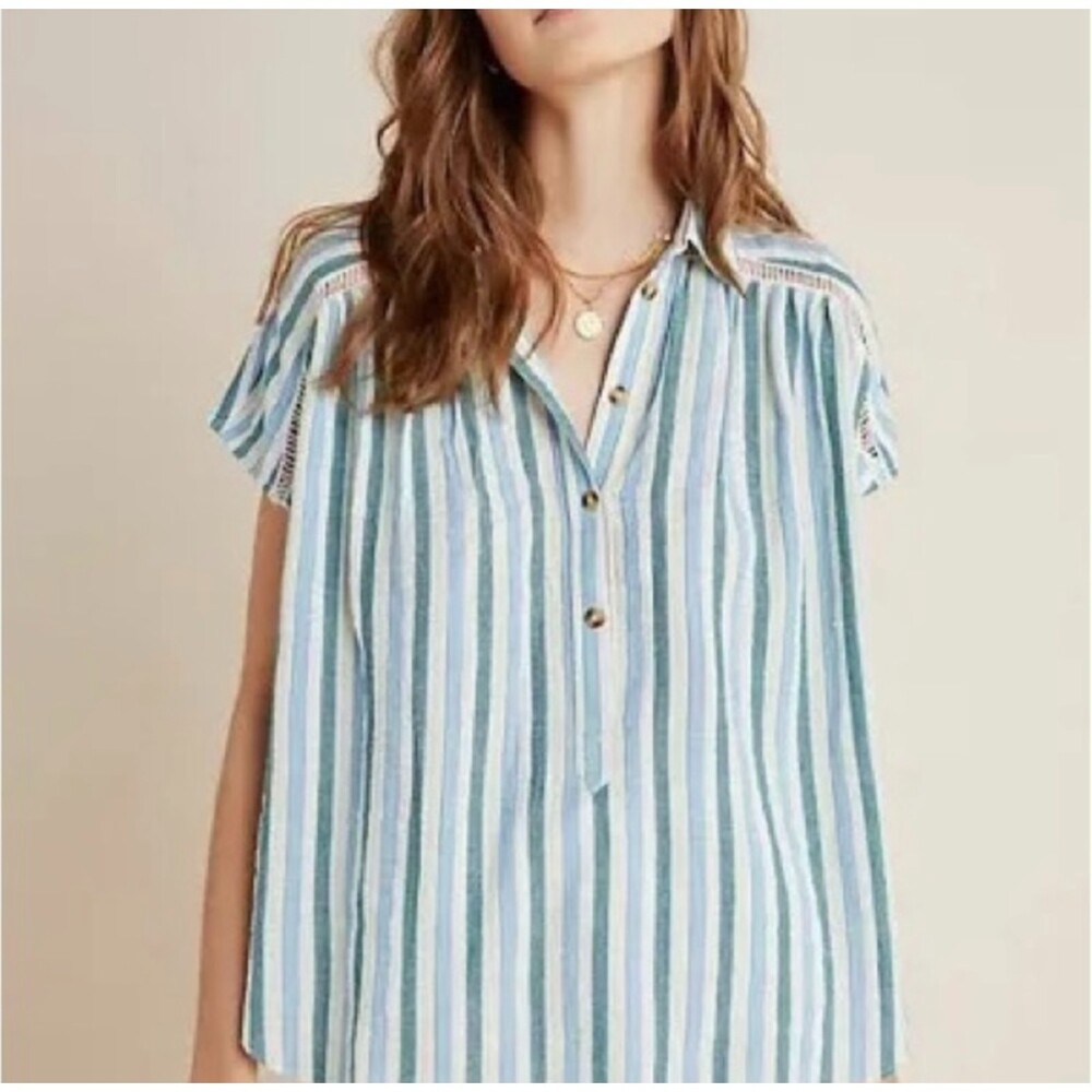 ANTHROPOLOGIE PILCRO Serena Surf Henley, Striped, Gauzy, Sz XS